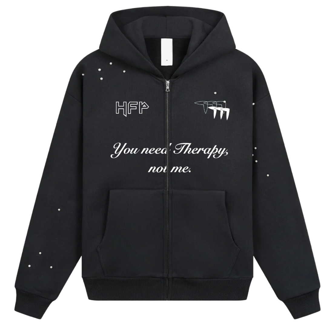 ZIP UP HOODIE THERAPY BLACK WITH PEARLS